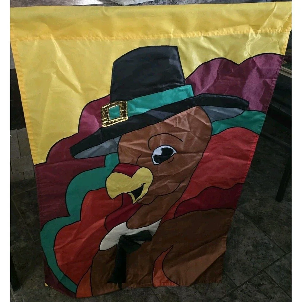 Vtg 1999 Thanksgiving Pilgrim Turkey  Garden Flag 2 Sided 42